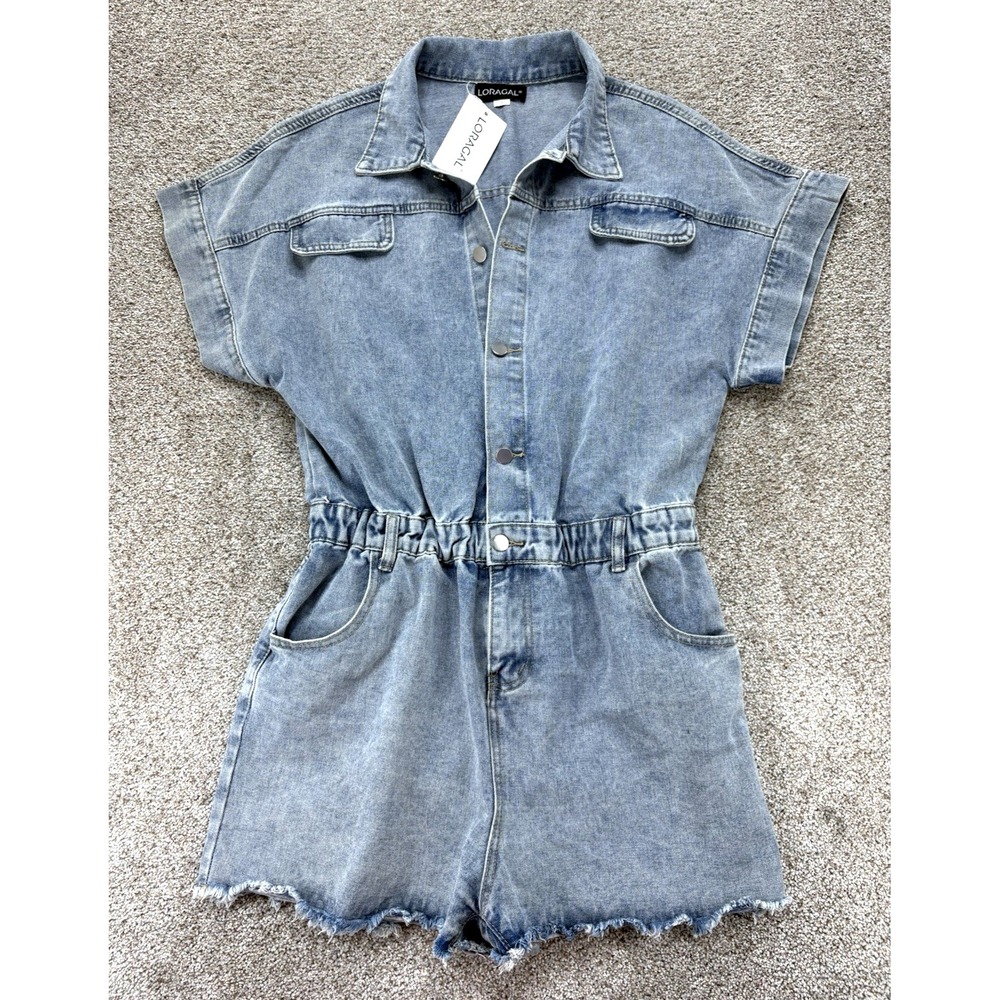 Loragal Denim Playsuit Romper Womens XL Blue Light Wash Short Sleeve Cutoffs NWT